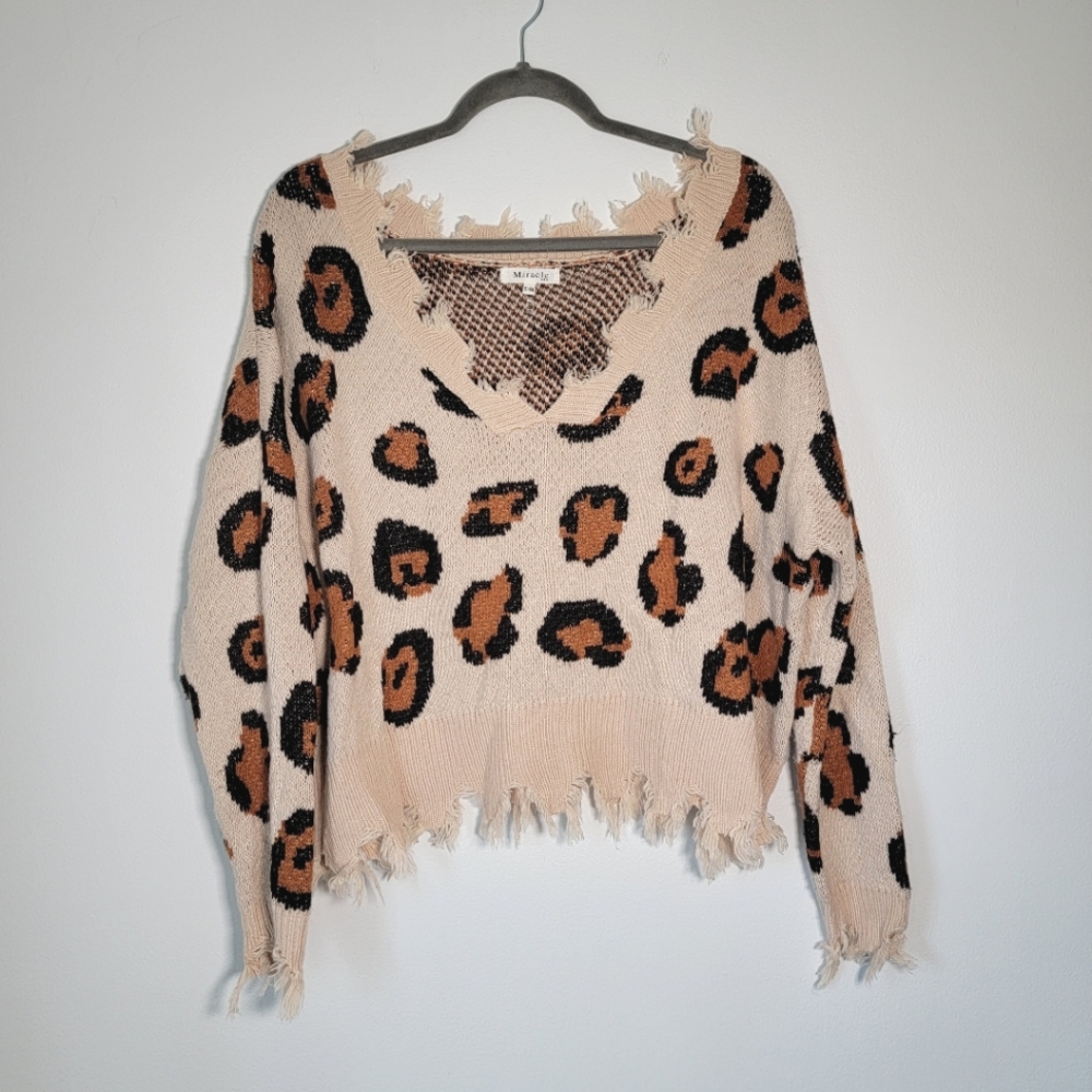 Miracle Tan Brown and Black Animal Print Shark Bite Hem Sweater